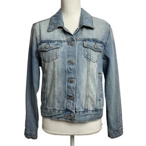Reserve Fairfax Women’s Blue Denim Jean Button Jacket Sz Large Distressed Pocket